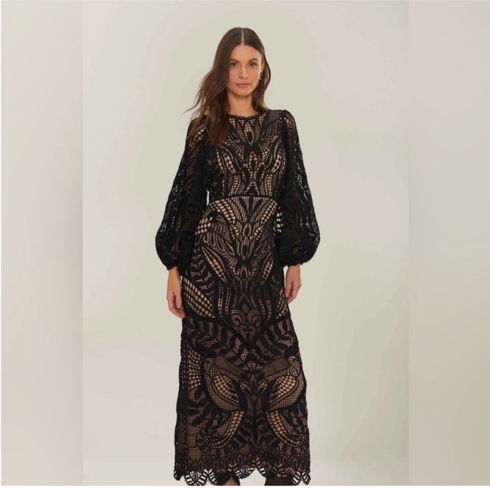 FARM Rio Nature Guipure Midi Dress Black Size XXS NWT